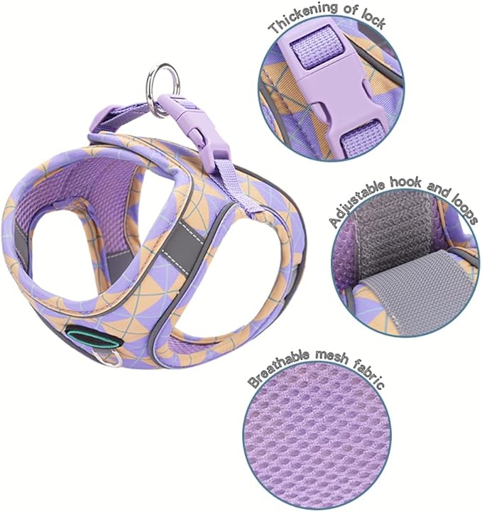 Step in Dog Harness and Leash Set, Plaid Adjustable Easy Walk Puppy Harnesses, Soft Mesh Pet Vest Harness Small Size Dog Adjustable No Pull Dog Harness for Small Medium Dogs(Yellow Purple, XS)