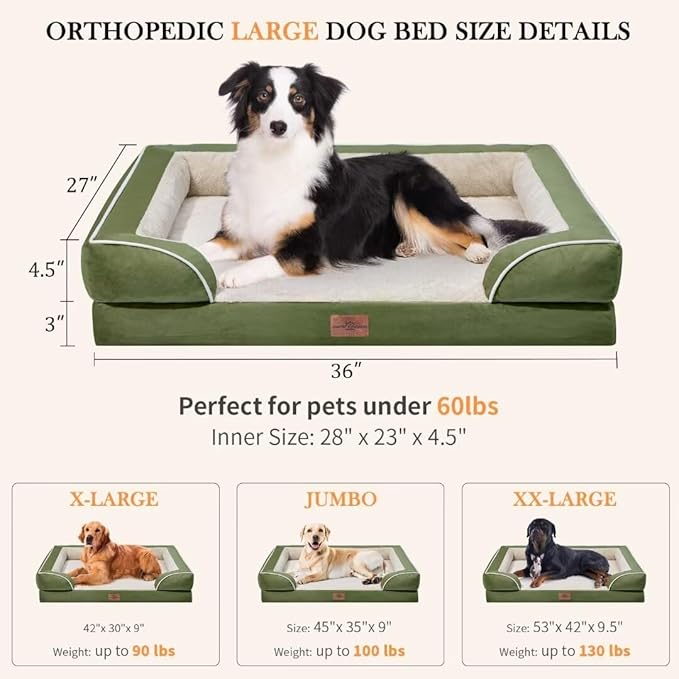 Comfort Expression Waterproof Dog Beds for Large Dogs, Orthopedic Large Breed Dog Beds, Comfy Pet Bed Sofa with Washable Removable Cover & Non-Slip Bottom(Light Green)