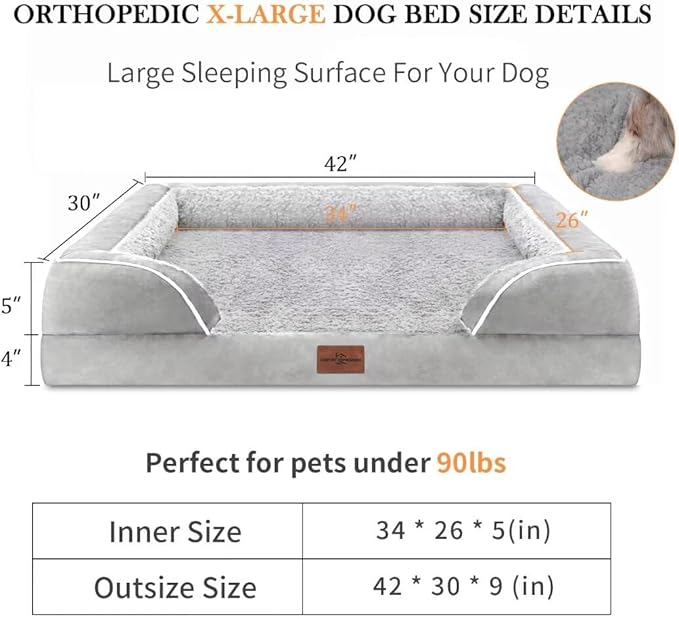 Comfort Expression XL Dog Beds Waterproof, Orthopedic Foam Dog Beds Large Sized, Bolster Dogs Beds Washable Pet Sofa with Removable Cover & Non-Slip Bottom(X-Large,Grey White)