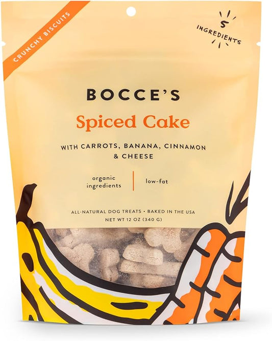 Bocce's Bakery All-Natural, Small Batch, Organic Dog Treats, Spiced Cake Biscuits, Wheat-Free, Limited-Ingredient, Made in The USA with 100% Recyclable Packaging, 12 oz Bag
