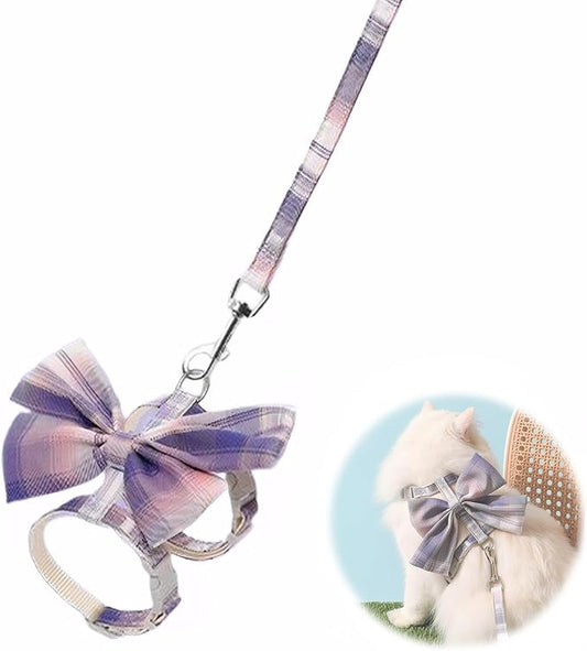 Cat Harness and Leash Set for Safe Walking, Bow Tie Cat Collar Harness, Adjustable Soft Travel Kitten Harness for Small Medium Large Cats (Purple Bow-M)
