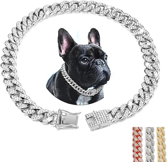 Sliver Dog Chain Collar, Glitter Sparkly Diamond Metal Necklace Cuban Link Rhinestone Puppy Collars for Small Medium Large Pet Dogs, 12 inch
