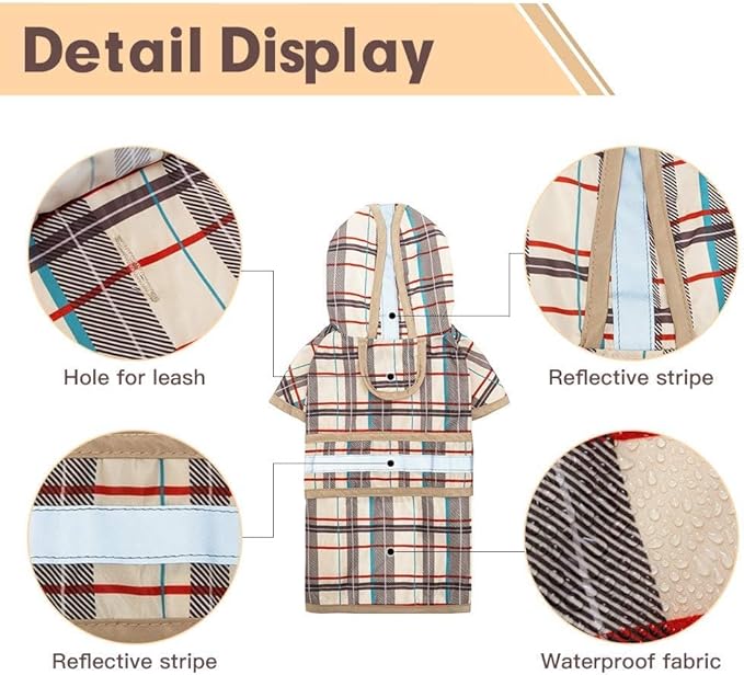 KOOLTAIL Dog Raincoat Hooded Slicker Poncho with Leash Hole, Raincoat for Small Medium Dogs, Waterproof Doggie Rain Jacket with Reflective Strip, Adjustable Breathable Plaid Puppy Rainwear-Beige
