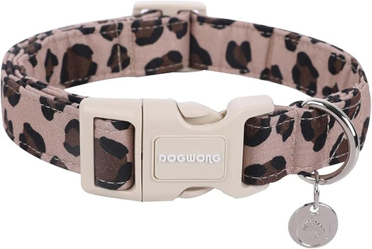 DOGWONG Cotton Dog Collar, Leopard Print, Soft & Comfortable, Durable Plastic Buckle, X-Small, Perfect for Small, Medium, Large Dogs