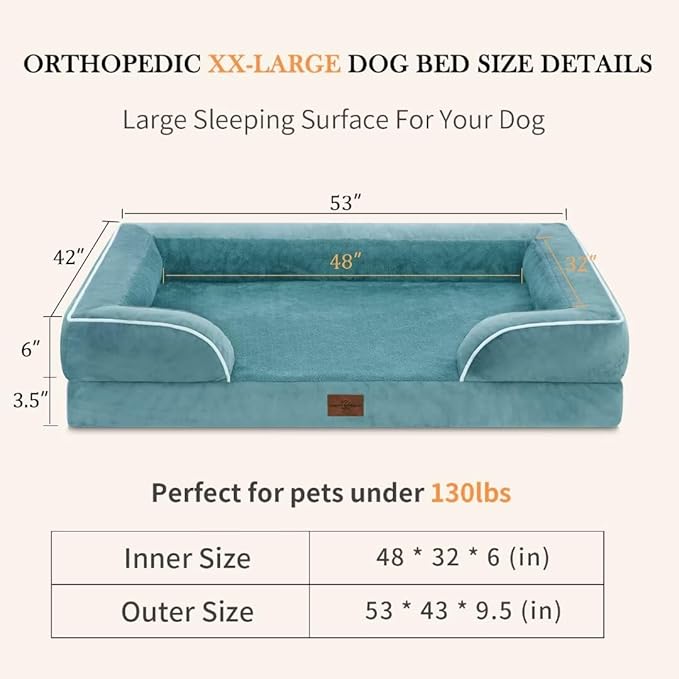 Comfort Expression XXL Waterproof Orthopedic Dog Bed for Extra Large Dogs, Orthopedic Foam Dog Sofa Bed with Washable Removable Cover & Non-Slip Bottom(XX-Large,Washed Blue)