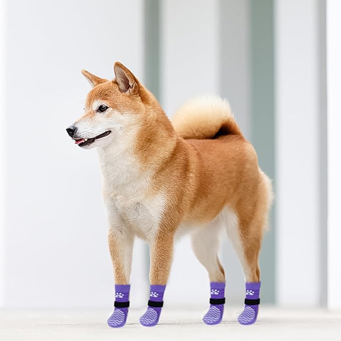 PUPTECK Non-Slip Dog Socks Double Sides Grips for Hardwood Floors Prevents Licking, Dog Shoes for Hot Pavement Traction Control Booties for Senior Dogs, Small Medium Large Dogs, Purple L