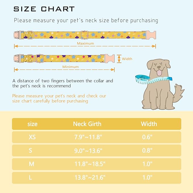 Faygarsle Yellow Stars Pattern Dog Collar for Small Medium Large Dogs Cute Puppy Collars for Female Dogs for Summer Spring Wedding Necklace Girl Dog Collar M