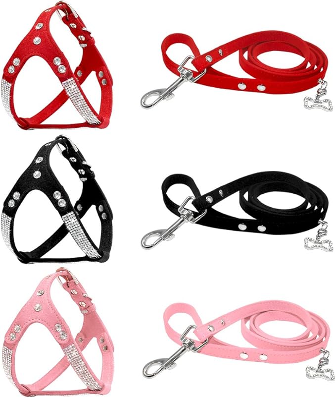 Beirui Soft Suede Leather Dog Harness and Leash Set - Rhinestone Dog Harness Sparkly Crystal Vest & 4 ft Lead for Small Dogs Pets Bulldog Schnauzer Cocker,Black,Chest for 14-17"