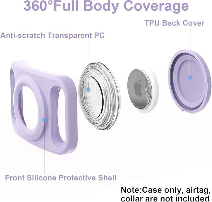 SANKALA Airtag Dog Collar Holder, [2 Pack] Waterproof Dog Airtag Holder, Silicone Full Body Covered Anti-Lost Protective Apple Air Tag Holder for Pet Collar - Fits All Width Collars, Purple