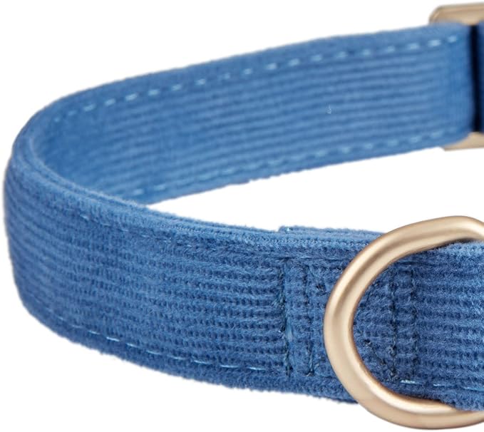 Soft Corduroy Dog Collar and Leash Set, Adjustable Cotton Dog Collars with Metal Buckle and Lead for Small Dogs,Blue