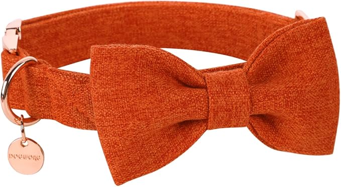 DOGWONG Hemp Cotton Dog Collar with Bow Orange Pet Collar Durable Adjustable Puppy Collar for Small Medium Large Dogs