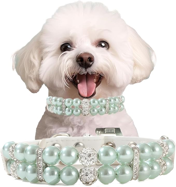 Green Pearl Dog Collars, Beaded Cat Collar Pu Leather Puppy Necklace with Crystal Rhinestone Diamond for Girl Kitten XXSmall Small Medium Female Dogs Jewelry Wedding & Birthday Party, S