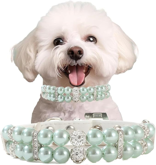 Green Pearl Dog Collars, Beaded Cat Collar Pu Leather Puppy Necklace with Crystal Rhinestone Diamond for Girl Kitten XXSmall Small Medium Female Dogs Jewelry Wedding & Birthday Party, S