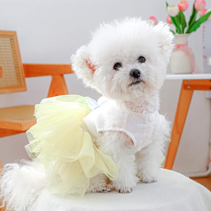 Dog Easter Outfit with Embroidered Bunny Patterns and Cute Pompom Holiday Puppy Dress Bow Small Dog Tutu Cat Apparel Fancy Pet Clothes,Yellow,Blue,White (Yellow, Large)