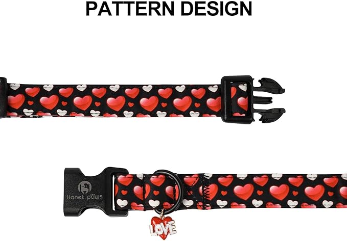 Lionet Paws Valentine's Dog Collar- Cute Sweet Pink Heart Black Dog Collars with Plastic Buckle, Light Adjustable Dog Collars for Medium Large Dogs