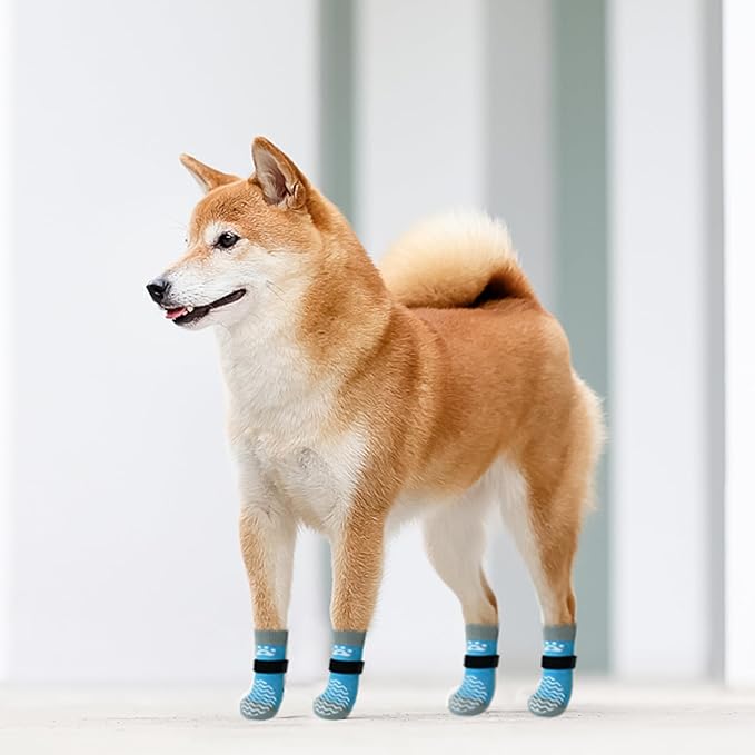 PUPTECK Non-Slip Dog Socks Double Sides Grips for Hardwood Floors Prevents Licking, Dog Shoes for Hot Pavement Traction Control Booties for Senior Dogs, Small Medium Large Dogs, Blue L