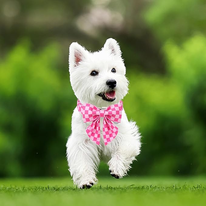 Pink Plaid Bowtie Dog Collar, Summer Bowtie Collar for Puppy Boy Girl Dog, Comfortable Cotton Dog Collar with Metal Buckle, L, Neck 16-24in