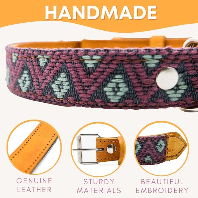 Western Dog Collar - Leather Embroidered Design for Small Medium Large Dogs & Puppy Pets - Aztec Southwest for Boy Girl Female & Male Dogs - Collar para Perros Beaded (Large, Camelot)