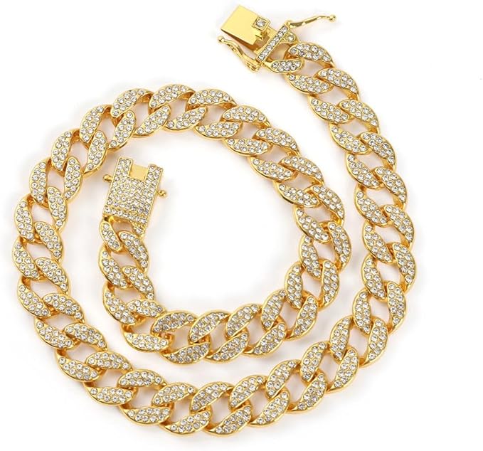 Gold Chain Dog Collar for Medium Dogs, Glitter Rhinestone Sparkly Diamond Metal Necklace Cuban Link Bling Dog Collars for Small Medium Large Pet Dogs Puppy, 16 inch