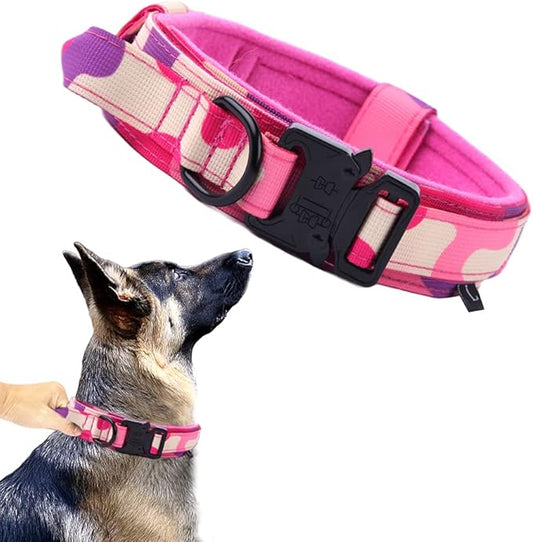 Xqpetlihai Tactical Dog Collar Adjustable Military Nylon Dog Collar with Control Handle and Heavy Duty Metal Buckle for Medium and Large Dogs (Pink Camo,L)