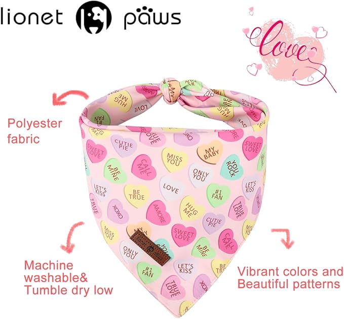 Lionet Paws Valentine's 2pcs Dog Bandanas, Red Floral Dog Scarf Bib Premium Fabric, Happy Valentine Heart Bandanas for Small Medium Dogs Pets