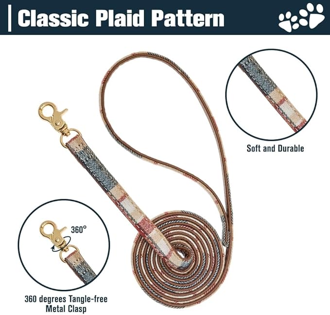 EXPAWLORER Dog Collar and Leash Set - Embroidery Pawprints Plaid Dog Collar and Dog Leash Set, Bow Tie and Bandana Dog Collar with Bell, Collar and Leash for Dogs Cats Outdoor Walking, Khaki S-M