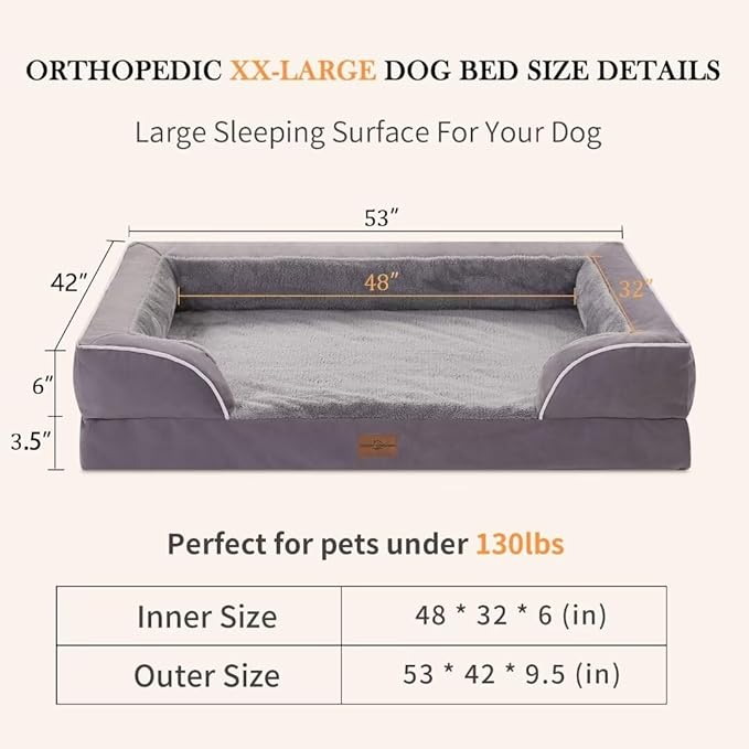 Comfort Expression XXL Waterproof Orthopedic Dog Bed for Extra Large Dogs, Orthopedic Foam Dog Beds, Washable Dogs Sofa Bed with Removable Cover & Non-Slip Bottom(XX-Large,Purple)