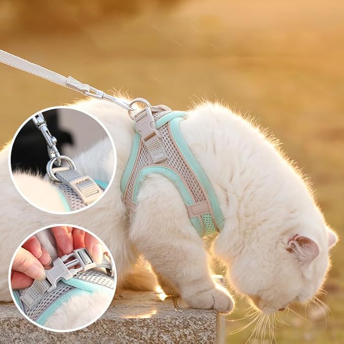 Cat Harness and Leash Set Soft Adjustable Escape Proof Cat Leash Breathable Comfortable Vest Easy to Wear Kitten/Small Dogs Harness for Outdoor Walking Green S