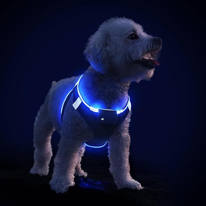 PceoTllar Light Up Dog Harness, LED No Pull Reflective Dog Harness, Flashing Lighted for Night Walking - Small/Medium, (Black Blue,L)