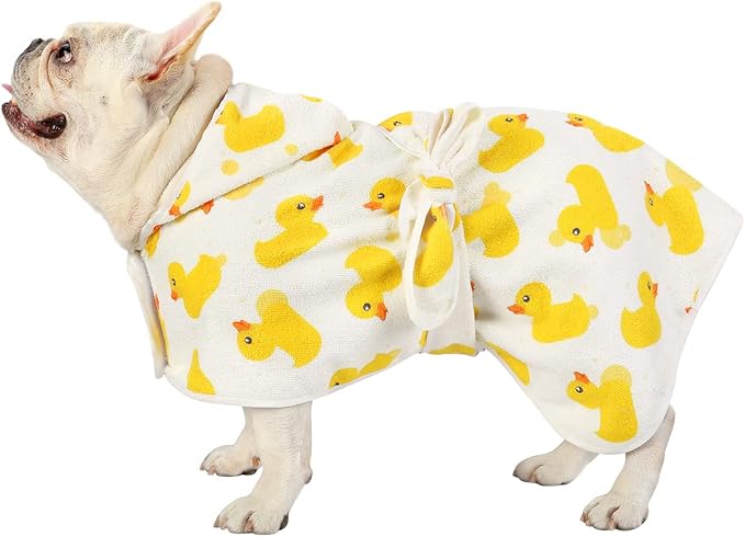 HDE Dog Bathrobe Super Absorbent Quick Drying Towel with Hood for All Dog Breeds Sizes S-XXL - White Rubber Ducks - S