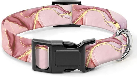 Dog Collar, Cute Dog Collar for Small Medium Large Dogs, Personalized Adjustable Soft Pet Collars with Quick Release Buckle for Walking Running, Pink Gold Marble