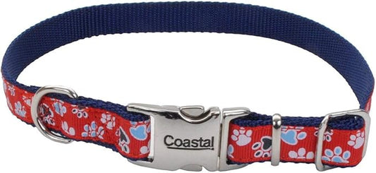 Coastal Pet - Ribbon - Adjustable Dog Collar with Metal Buckle, Red with Paws, 5/8" x 12"-18"