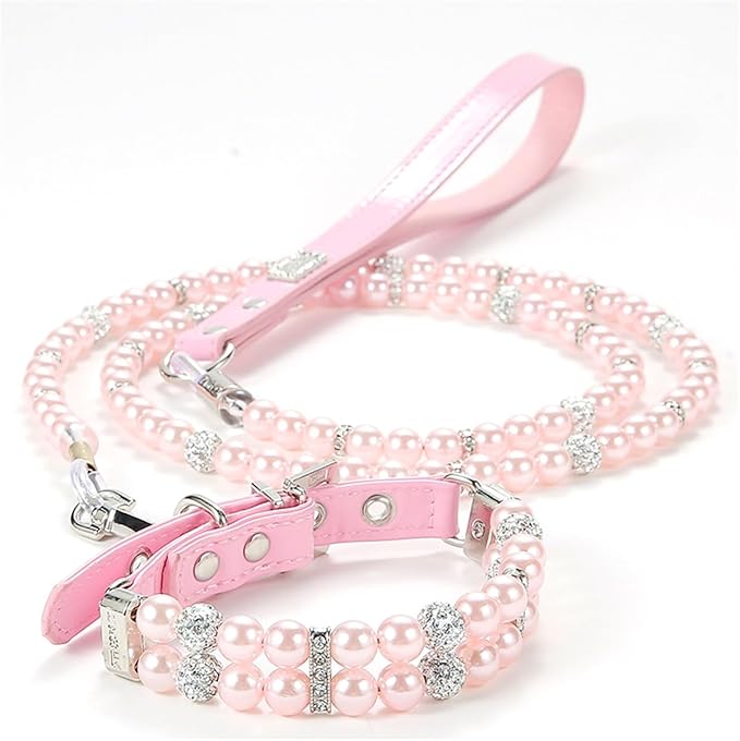 Pink Pearl Dog Collars, Beaded Cat Collar Leash Set Pu Leather Puppy Necklace with Crystal Rhinestone Diamond for Girl Kitten XXSmall Small Medium Female Dogs Jewelry Wedding & Birthday Party, S