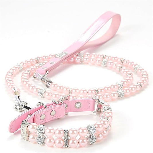 Pink Beaded Dog Collars, Pearl Cat Collar Leash Set Pu Leather Puppy Necklace with Crystal Rhinestone Diamond for Girl Kitten XXSmall Small Medium Female Dogs Jewelry Wedding & Birthday Party, M