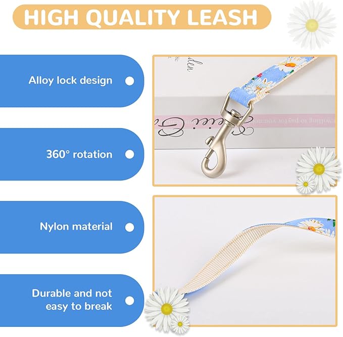 BAEJMJK Dog Harness and Leash Set with Bow Knot No Pull Pet Daisy Floral Harness with D-Ring Soft Mesh Dog Harness Vest Set Escape Proof Princess Puppy Harness for Small Girl Dogs Cats（Blue B L）