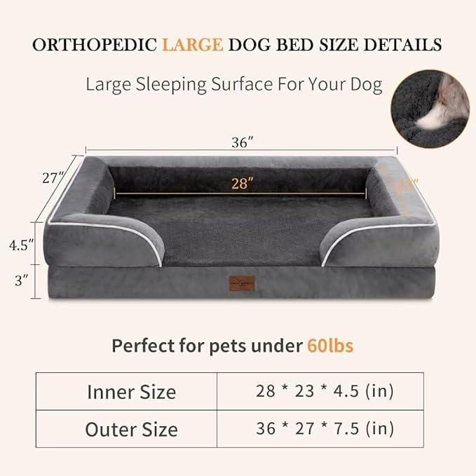 Comfort Expression Waterproof Large Dog Beds Orthopedic Foam Dog Beds Sofa Comfy Pet Bed with Washable Removable Cover & Non-Slip Bottom(Large,Dark Grey)