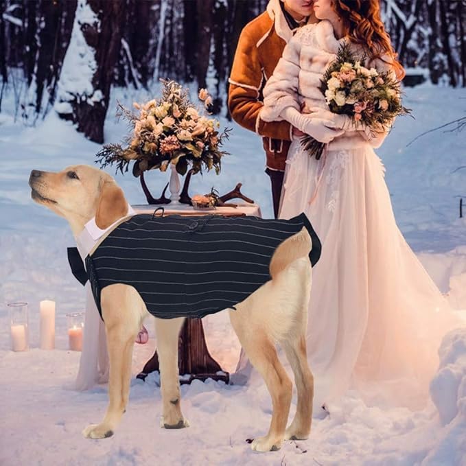 QBLEEV Tuxedo for Medium Dogs, Suit and Bandana Set, Wedding Outfit With Bow Tie, Formal Tux Costume for Halloween Christmas Birthday Party Cosplay, Stripe M