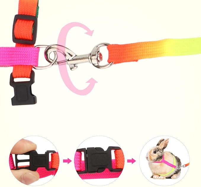 Hypeety Rabbit Harness Lead Leash Soft Nylon, Adorable Colorful Rainbow Adjustable Harness Collar, Outdoor Walking Buckle Leash