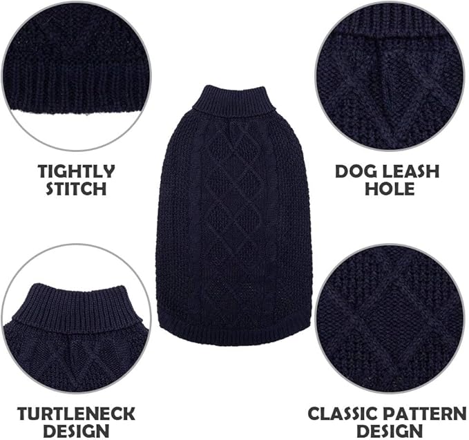 Mihachi Turtleneck Dog Sweater - Winter Coat Apparel Classic Cable Knit Clothes with Leash Hole for Cold Weather, Ideal Gift for Pet in New Year Medium