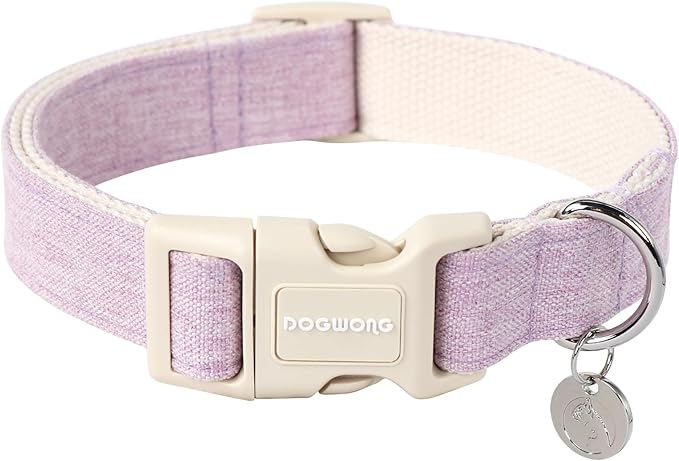 DOGWONG Cotton Hemp Dog Collar - Heavy-Duty Adjustable Soft Natural Fabric Pet Collar, Cute Wedding Puppy Necklace for Small Medium Large Dogs (Purple)
