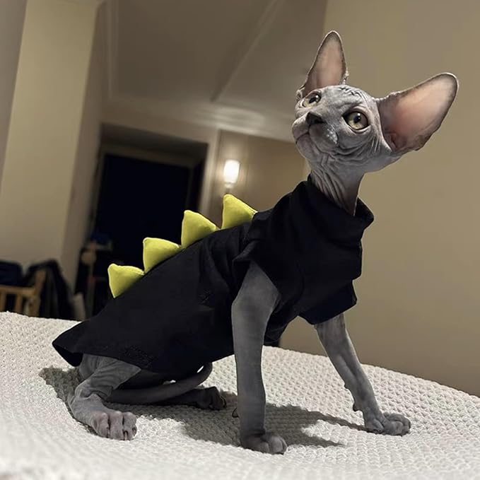 Dinosaur Design Sphynx Hairless Cat Clothes Cute Breathable Summer Cotton Shirts Cat Costume Pet Clothes,Round Collar Kitten T-Shirts with Sleeves, Cats & Small Dogs Apparels (3-4.5 lbs), Black