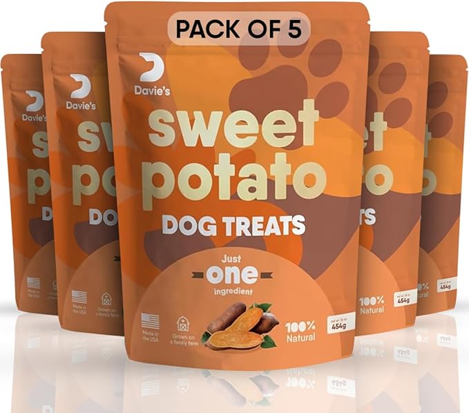 Davie's Sweet Potato Dog Treats - Healthy Dog Chews, Low Fat, Made in USA, 1 lb Bag - Pack of 5