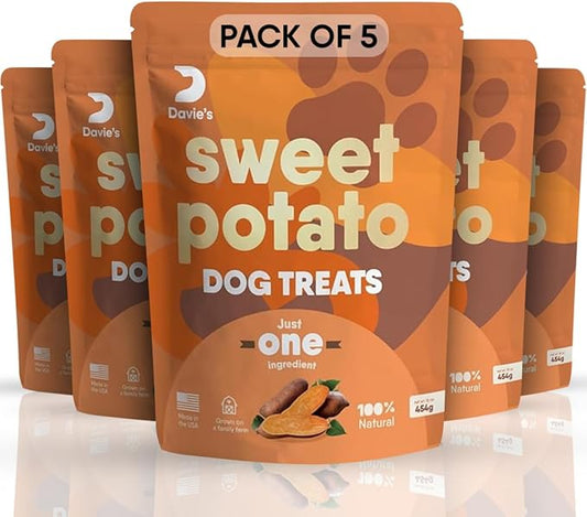 Davie's Sweet Potato Dog Treats - Healthy Dog Chews, Low Fat, Made in USA, 1 lb Bag - Pack of 5