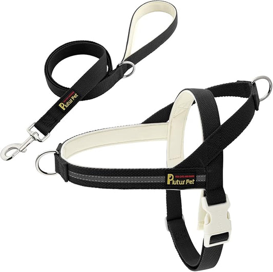 Plutus Pet Cotton Dog Harness and Leash Set, Reflective and Soft Padded, Quick Fit Vest Harness, for Small, Medium and Large Dogs, Black, M