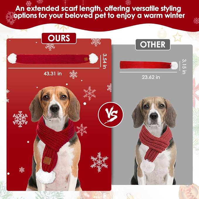 SlowTon Dog Knitted Scarf, 2 Pack Dog Warm Bandanas, Winter Holiday Decoration Scarf for Small Medium Large Dogs (Red,Green)