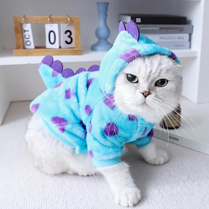 Dinosaur Dog Clothes for Small Dog Girl Boy,Fleece Winter Puppy Hoodies with Leash Ring,Cold Weather Coat for Cat,Funny Dog Dinosaur Costume for Christmas Halloween. (Blue-2, Large)