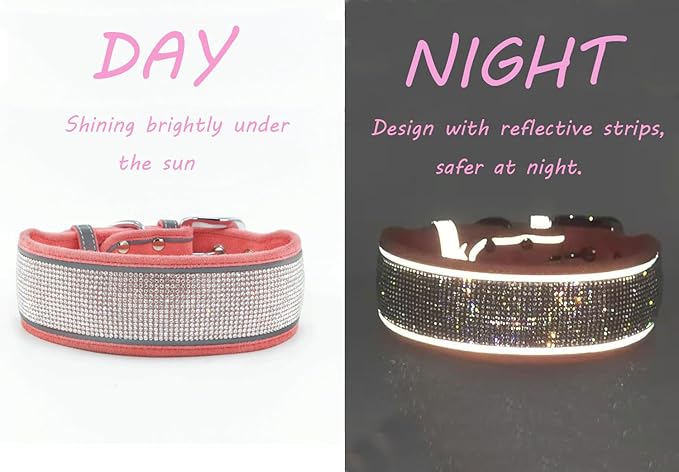Bling Diamond Dog Collar for Females Girls,Soft Velvet Leather with Fancy Sparkly Crystal Rhinestones,Reflective Stripe,Suit Medium Large Dogs (Pink, S)