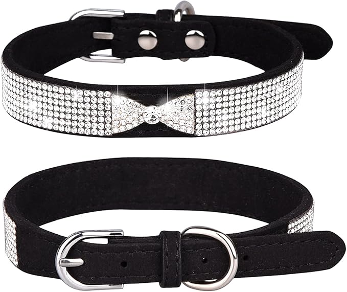 Rhinestone Dog Collar, Cute Dazzling Sparkling Soft Suede Leather Dog Cat Rhinestone Collar Crystal Diamond Pet Dog Puppy Collar (S, Black-2)