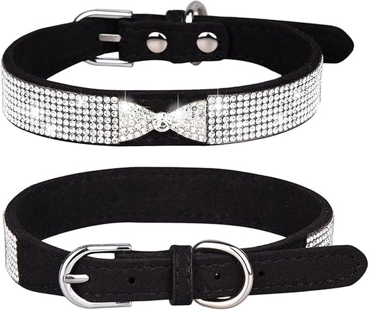 Rhinestone Dog Collar, Cute Dazzling Sparkling Soft Suede Leather Dog Cat Rhinestone Collar Crystal Diamond Pet Dog Puppy Collar (M, Black-2)