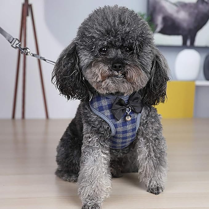 Dog Harness and Leash Set, Soft Mesh No Pull Dog Cat Harness Vest with Bowtie Bell for Small Dogs Puppy and Cats Outdoor Training and Running Classic Plaid Pattern (Small(9.0"-16.5"), Blue Plaid)